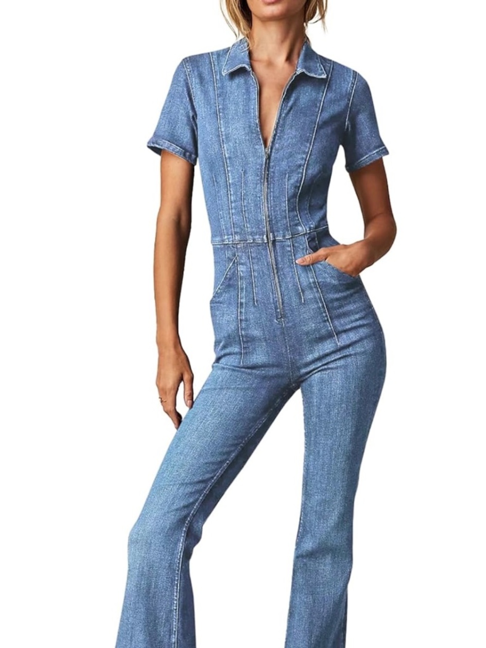 Women's Flare Denim Jumpsuits Cute Short Sleeve Zipper Jeans Long Pants